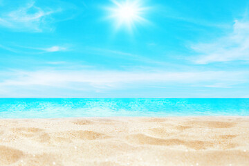 Sea beach landscape, paradise tropical island, ocean water, sand, sun sky clouds, beautiful nature panorama background, summer holidays, vacation, travel banner template, Caribbean, Thailand, Maldives