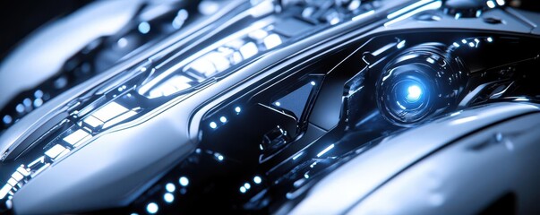 Fototapeta premium Close-up view of a futuristic robot design featuring sleek metal surfaces and glowing elements, ideal for technology themes.