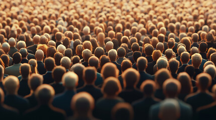 A wide angle shot of large population gathered for collective event, showcasing sea of diverse heads and hairstyles. atmosphere is filled with anticipation and unity