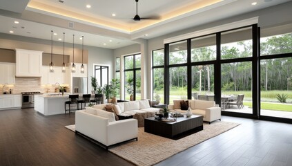 A large living room with white walls and windows, a modern farmhouse-style interior design of an elegant home in Florida. Created with AI