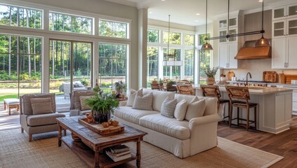 A modern farmhouse living room with large windows, a comfortable seating arrangement, and an open kitchen in the background. Created with Ai