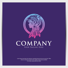 Fototapeta premium Logo Woman And Lion Vintage Illustration a Woman wearing Lion head