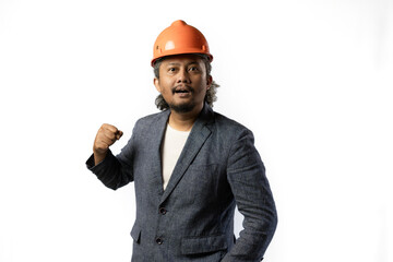 stylish asian man with suit and orange helmet on white background. construction or mining business concept photoonstruction or mining business concept photo