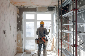 Construction Worker Renovating Room with Large Window and Scaffolding