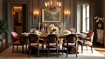 An elegant dining room featuring a beautiful wooden table and stylish chairs, perfect for family gatherings or intimate dinners. The sophisticated decor creates a warm and inviting atmosphere.