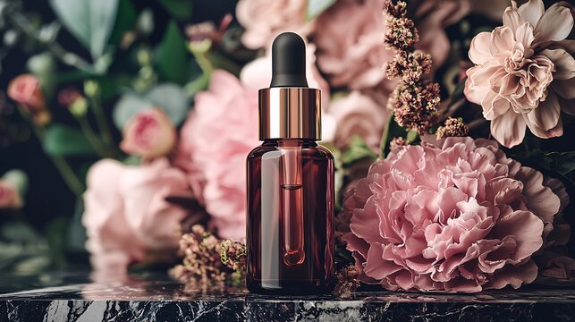 A close-up of a luxurious serum bottle placed on a marble vanity surrounded by flowers, camera Nikon Z7 lens 50mm f/1.2