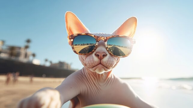 Fashionable Sphynx Cat Relaxing at the Beach in Stylish Sunglasses