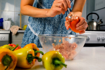 Woman chef hands are filling bell pepper with minced meat and rice cooking on kitchen. Stuffed peppers recipe. Culinary techniques, homemade preparing healthy meal, cook food dish, domestic cuisine.