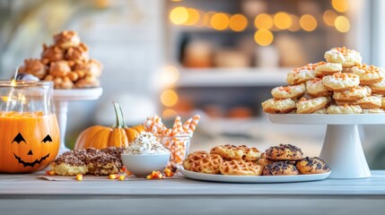 Parents and kids preparing for Halloween night with spooky snacks like bat-shaped waffles pumpkin spice cookies