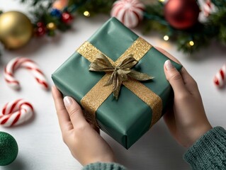 Festively Wrapped Gift in Hands Ready for Christmas