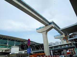 Fototapeta premium Rapid train service rail under construction close up in johor baharu, photo taken in malaysia 