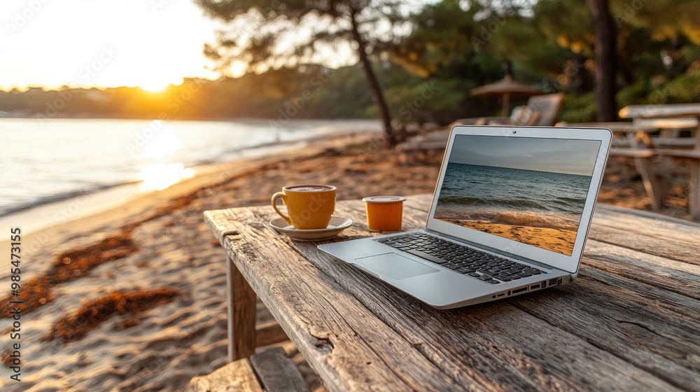 Wall mural Laptop and Coffee on Beach at Sunset