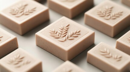 Elegant natural soap bars arranged artfully, showcasing featured leaf designs and a gentle, soothing color palette.