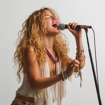 Cantora cantando no microfone.  Mulher loira em um fundo branco