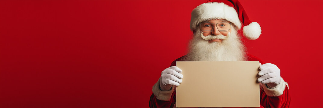 Banner do Papai Noel segurando uma placa em um fundo vermelho