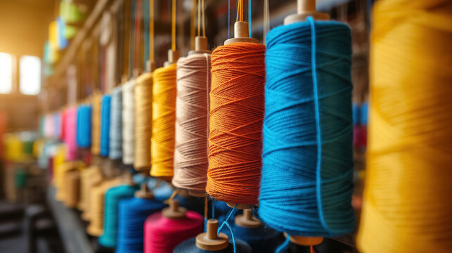 Rows of colorful spools of thread hanging in a workshop, illuminated by warm light. The vibrant colors and neat arrangement suggest craftsmanship and creativity.