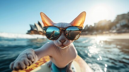 Playful Sphynx Cat Enjoying the Beach Getaway in Stylish Sunglasses