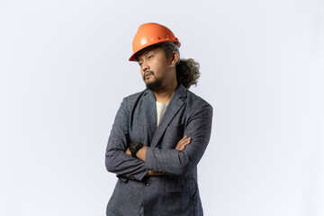 project leaders who look tired and pessimistic. stylish asian man with orange suit and helmet on white background. construction or mining business concept photo