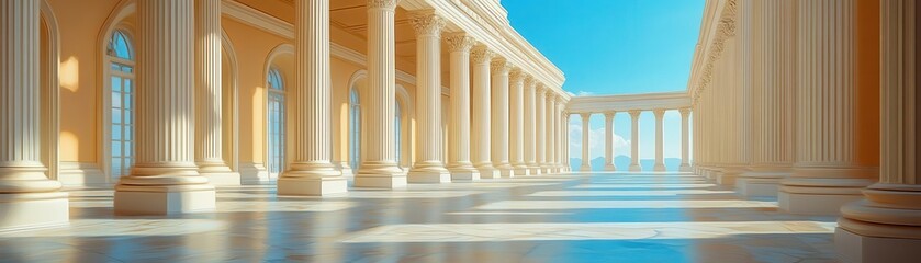 Fototapeta premium Expansive view of classical architecture featuring tall columns and a serene sky, creating a peaceful atmosphere.