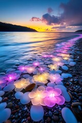 Obraz premium Coastal Serenity at Sunset: Colorful Beach Lights Against a Warm Orange and Purple Horizon.