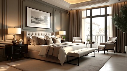 A luxurious master bedroom featuring a spacious king-size bed, elegantly adorned with plush linens. The stylish decor and soothing ambiance create a perfect retreat for relaxation.