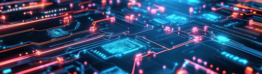 Futuristic circuit board design with vibrant neon lights, representing advanced technology and innovation in digital systems.