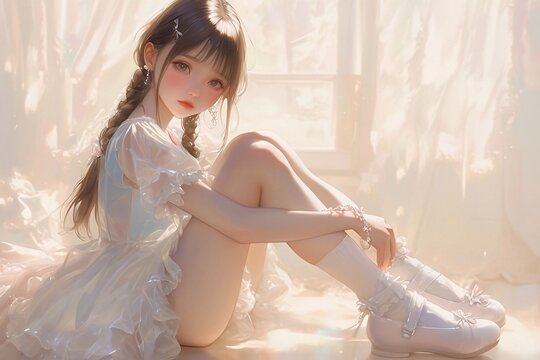 beautiful and cute japanese girl with long black braids, fair skin and very light makeup, wearing in ballet girl style, a light blue lolita top, a white skirt, leg socks. kawaii animation style.