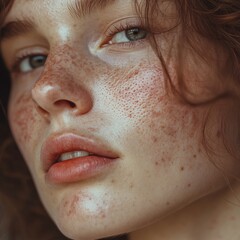 Fototapeta premium A young girl with rosacea on her face, smiling softly, warm evening light