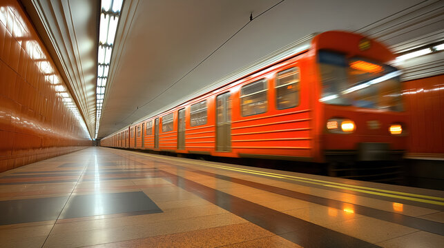 Bright orange subway train rushes through a modern underground station, leaving behind a motion blur. The empty platform and clean lines suggest a sleek, urban setting.