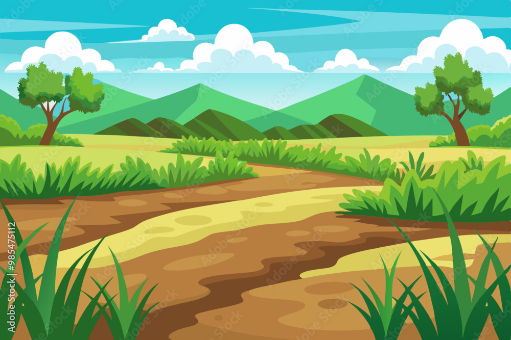 Wall mural Vector illustration Cartoon flat summer mountains landscape with green hills pine forest and river