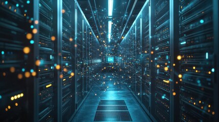 Fototapeta premium Futuristic data center corridor with glowing lights and server racks, showcasing advanced technology and digital connectivity.