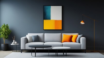 Modern Living Room with Gray Sofa and Abstract Art Piece