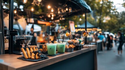 Spooky food cart at a Halloween festival serving eerie bat-wing churros glowing green drinks