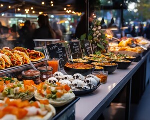 Obraz premium Spooky food court at a Halloween festival serving bat-wing tacos vampire blood soup