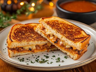 Spooky grilled cheese sandwiches with black cheese and blood-red tomato soup served in a Halloween-decorated American diner