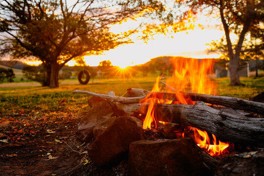 Vibrant orange campfire at sunset with tyre swing hanging from tree in background