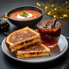 Spooky grilled cheese with pumpkin-shaped bread blood-red tomato soup