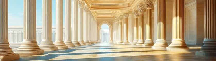 Majestic corridor lined with beautiful pillars, illuminated by soft natural light, creating a serene and timeless atmosphere.