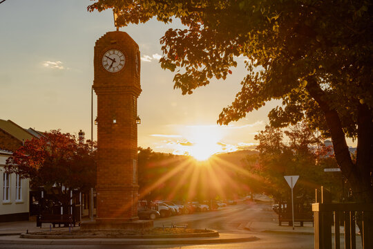 The sun setting behind the Clock Tower in Mudgee NSW