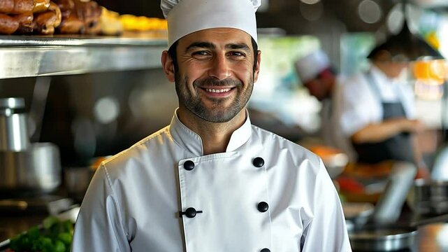 Stylish white uniformed chef with a proud chefs cap on 