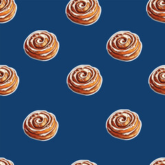 seamless vector pattern features hand-drawn cinnamon rolls with detailed shading and texture