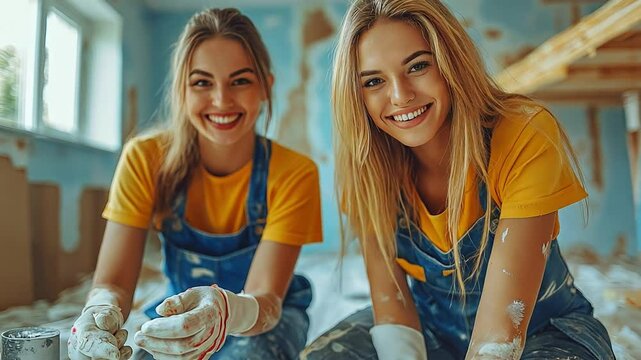 Contented young ladies fixing things in their new home