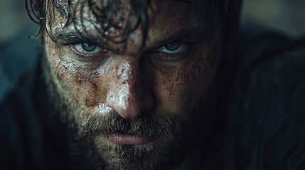 A determined man with intense expression covered in dirt and sweat prepares for a challenging task in a dimly lit environment
