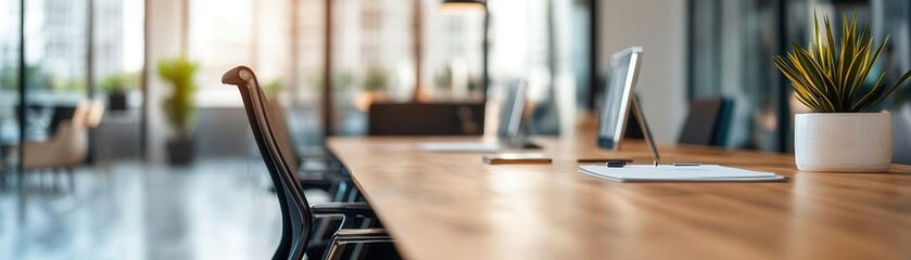 Modern office workspace with a clean wooden table, computer, and greenery, perfect for productivity and creativity.