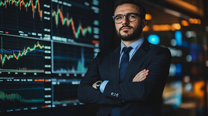 Fototapeta premium Businessman with arms crossed in front of a stock market graph modern portrait investment background analysis