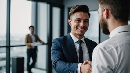 Portrait of cheerful young executive manager handshake with new partner employee after interview meeting. Collaboration teamwork hiring concept