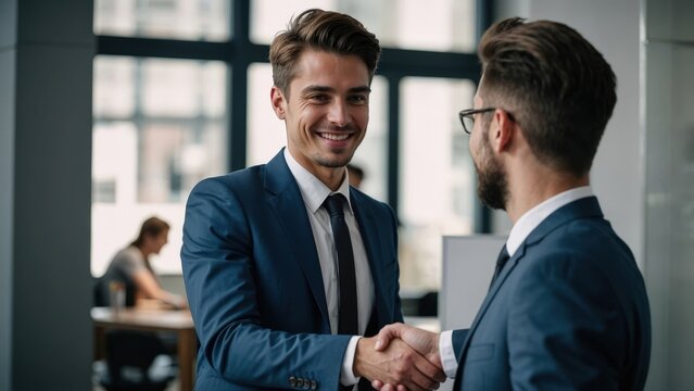 Portrait of cheerful young executive manager handshake with new partner employee after interview meeting. Collaboration teamwork hiring concept