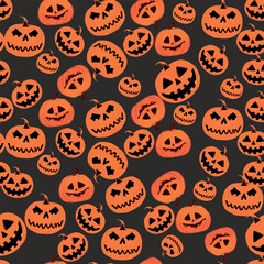 Halloween jack o' lantern pumpkins seamless pattern on a dark background.