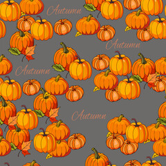 Seamless pattern of autumn pumpkins with colorful leaves on a gray background