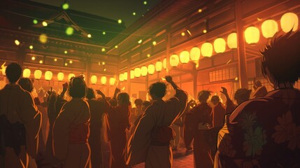 beautiful anime background of people in the festival